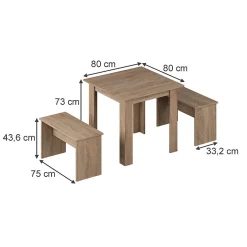 Vicco Ensemble de table à manger Sonoma 80x80cm avec 2 bancs