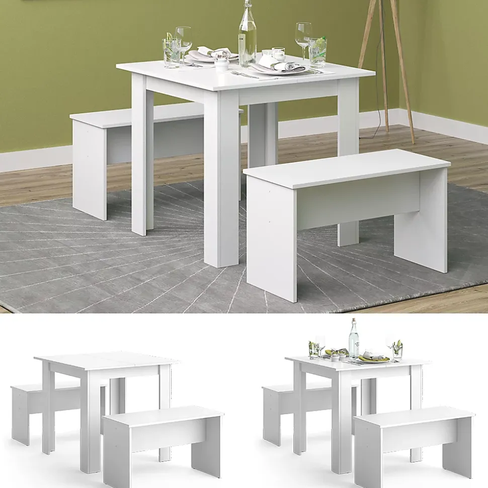 Vicco Ensemble de table à manger Blanc 80x80cm avec 2 bancs