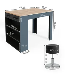 Vicco Ensemble de table à manger Anthracite/chêne doré 67x100cm avec 2 tabourets