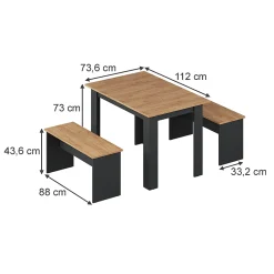 Vicco Ensemble de table à manger Anthracite/chêne doré 112x73.6cm avec 2 bancs
