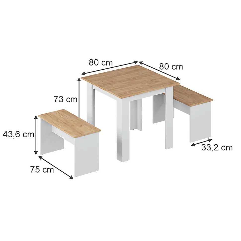 Vicco Ensemble de table à manger Chêne blanc/force de lor 80x80cm avec 2 bancs