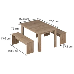 Vicco Ensemble de table à manger Sonoma 137.6x92.8cm avec 2 bancs