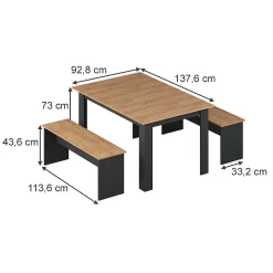 Vicco Ensemble de table à manger Anthracite/chêne doré 137.6x92.8cm avec 2 bancs