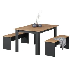 Vicco Ensemble de table à manger Anthracite/chêne doré 137.6x92.8cm avec 2 bancs