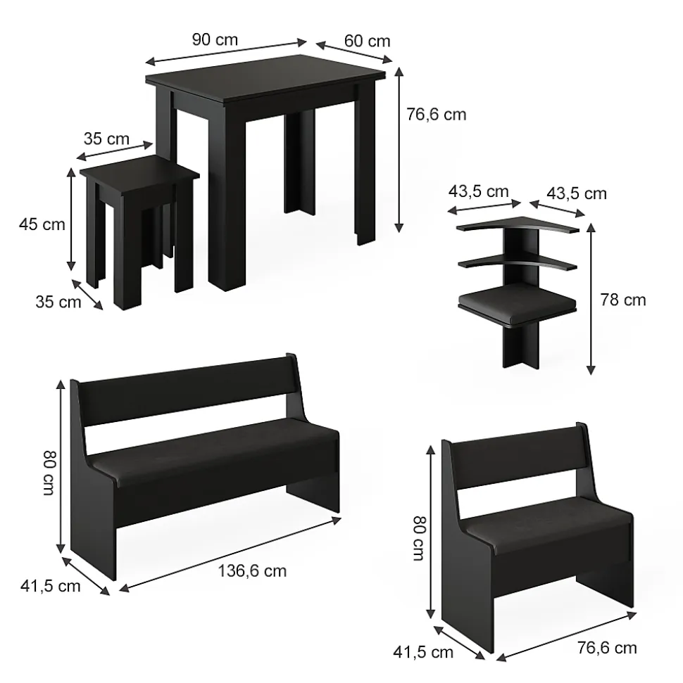 Vicco Groupe de banquettes dangle Noir 120x41.5cm avec table