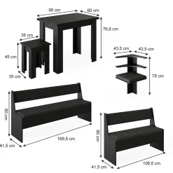 Vicco Groupe de banquettes dangle Noir 150x41.5cm avec table