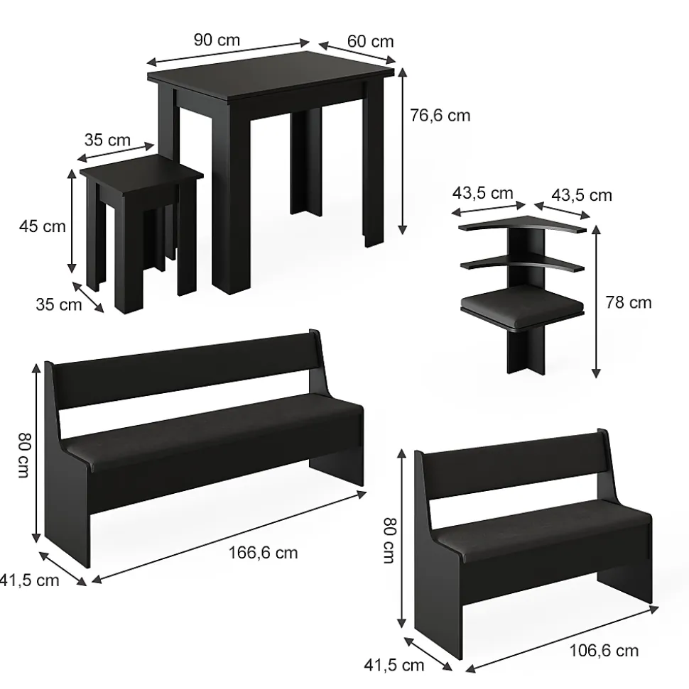 Vicco Groupe de banquettes dangle Noir 150x41.5cm avec table