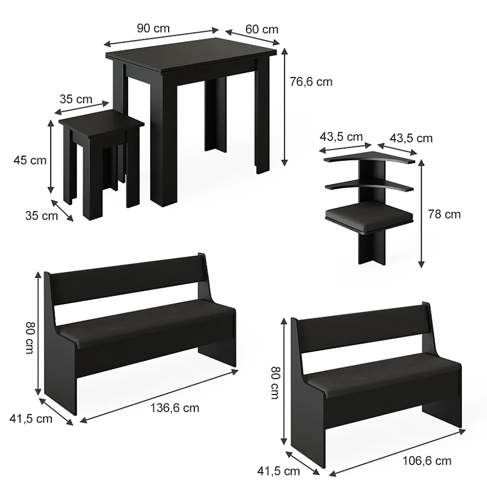 Vicco Groupe de banquettes dangle Noir 150x41.5cm avec table