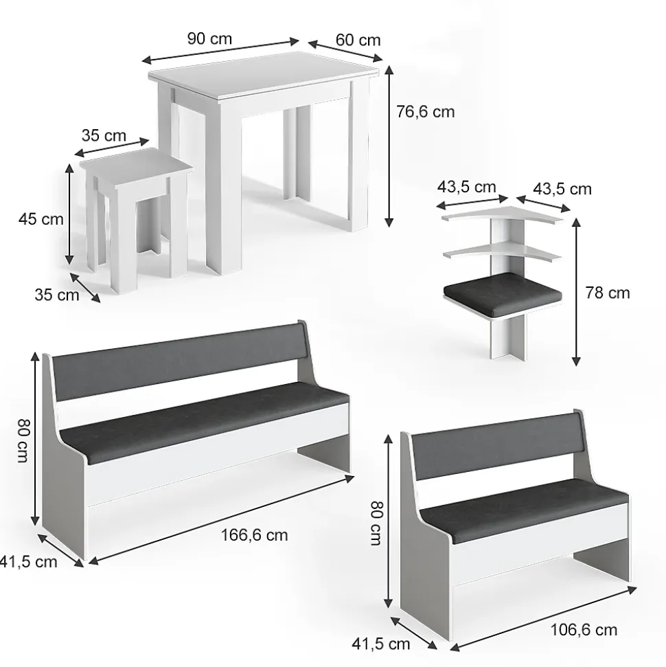 Vicco Groupe de banquettes dangle Blanc 210x41.5cm avec table