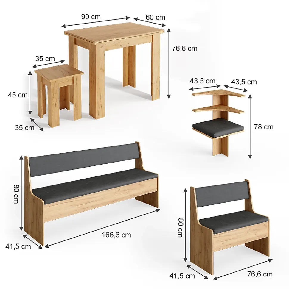 Vicco Groupe de banquettes dangle Chêne de force doré 210x120cm avec table