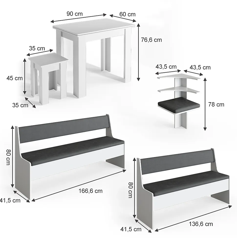 Vicco Groupe de banquettes dangle Blanc 210x41.5cm avec table