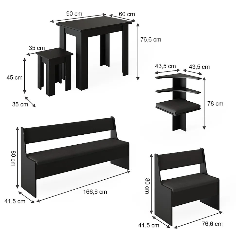 Vicco Groupe de banquettes dangle Noir 120x41.5cm avec table