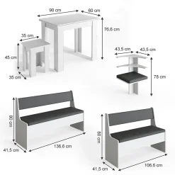 Vicco Groupe de banquettes dangle Blanc 180x41.5cm avec table
