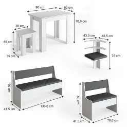 Vicco Groupe de banquettes dangle Blanc 180x41.5cm avec table