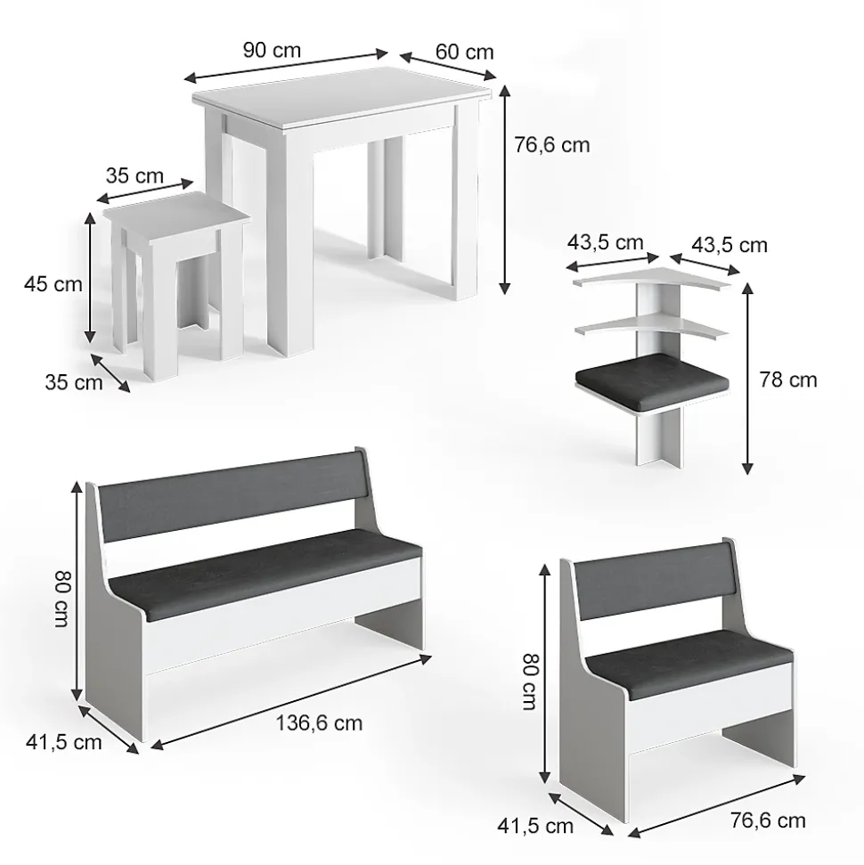 Vicco Groupe de banquettes dangle Blanc 180x41.5cm avec table