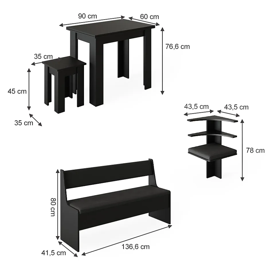 Vicco Groupe de banquettes dangle Noir 180x41.5cm avec table