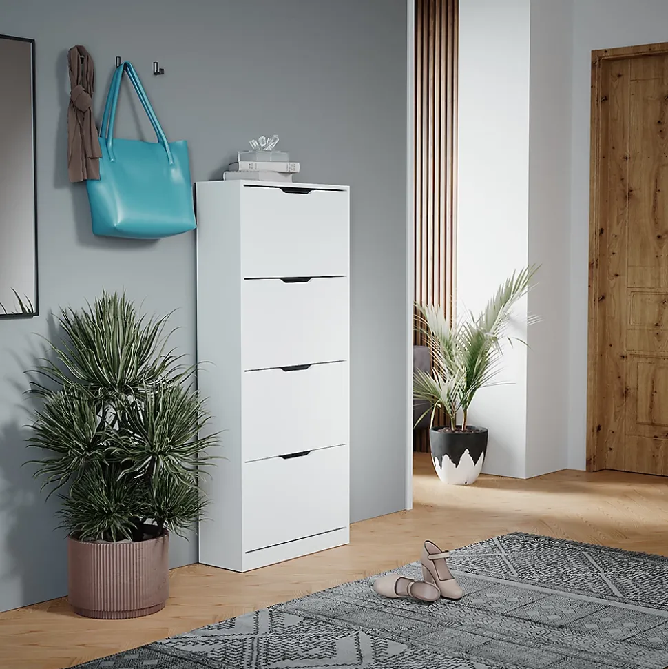 Vicco Meuble à chaussure Blanc 59x137cm avec 4 tiroirs rabattables