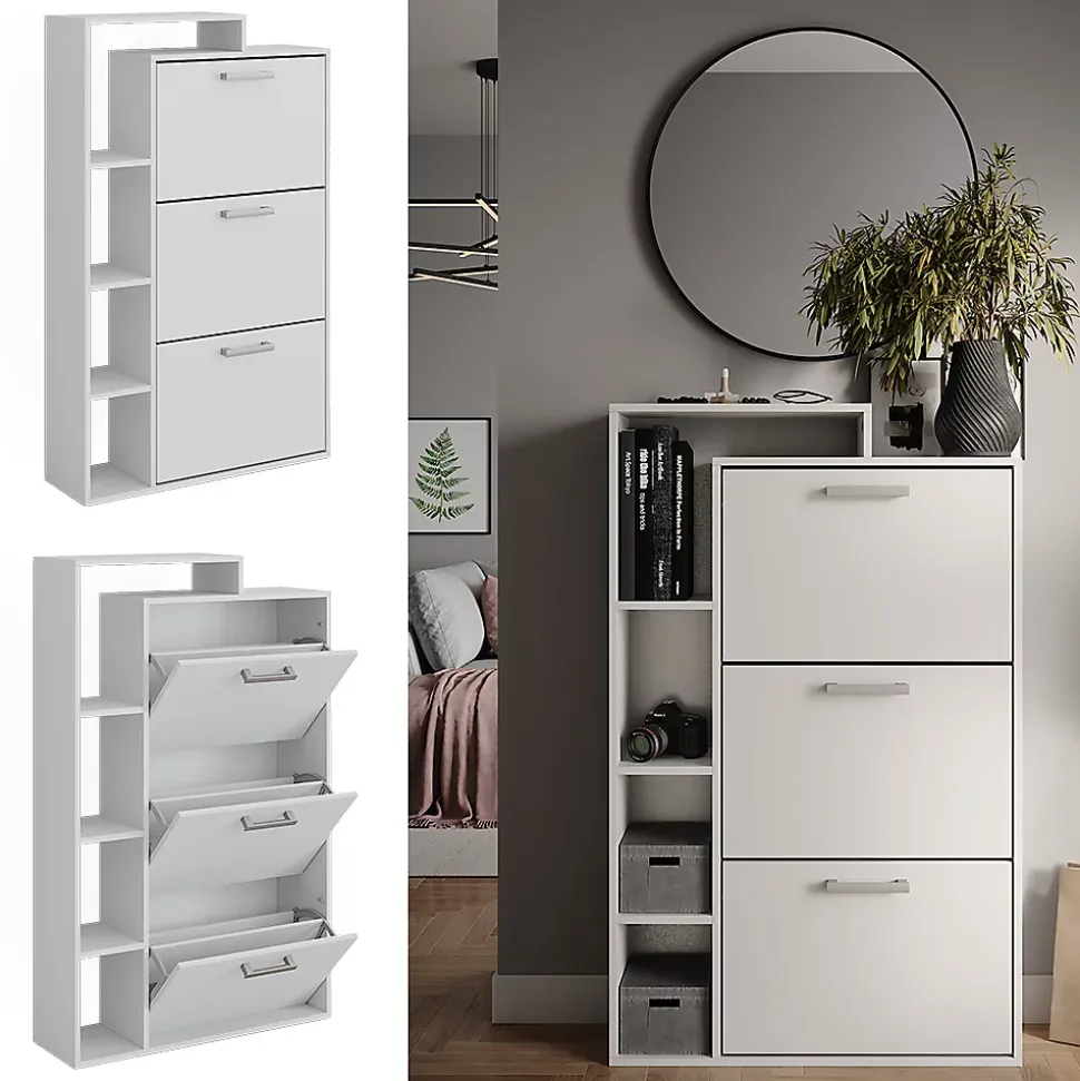 Vicco Meuble à chaussure Blanc 80x128.3cm avec 3 compartiments