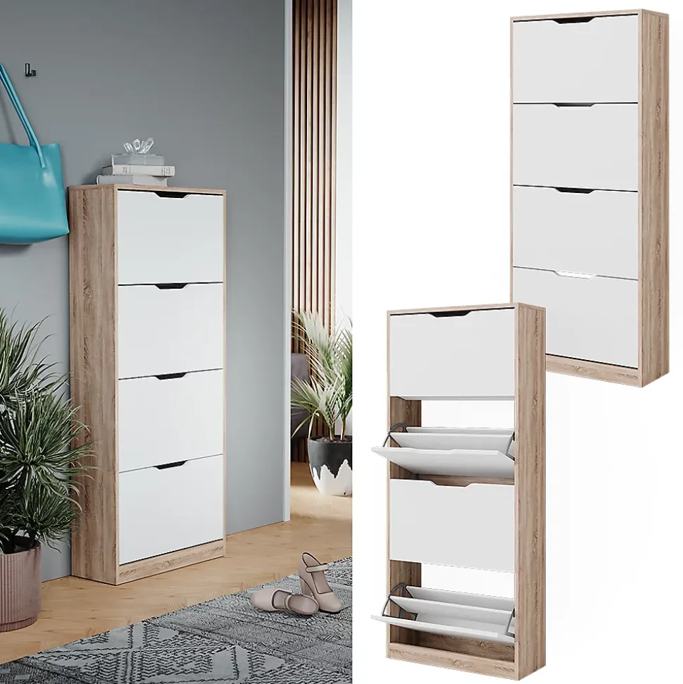 Vicco Meuble à chaussure Sonoma/blanc 59x137cm avec 4 tiroirs rabattables