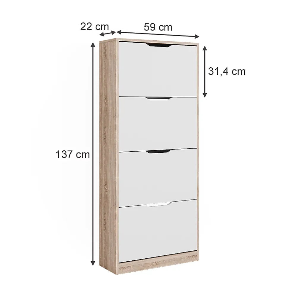 Vicco Meuble à chaussure Sonoma/blanc 59x137cm avec 4 tiroirs rabattables