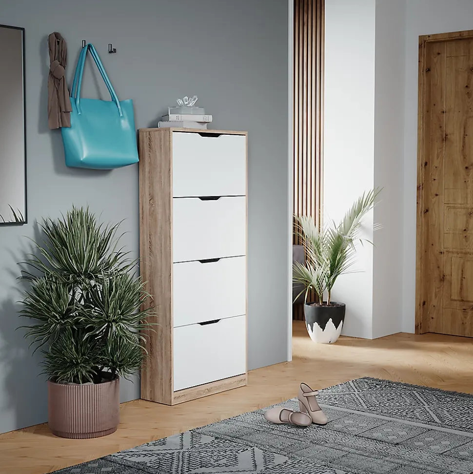 Vicco Meuble à chaussure Sonoma/blanc 59x137cm avec 4 tiroirs rabattables