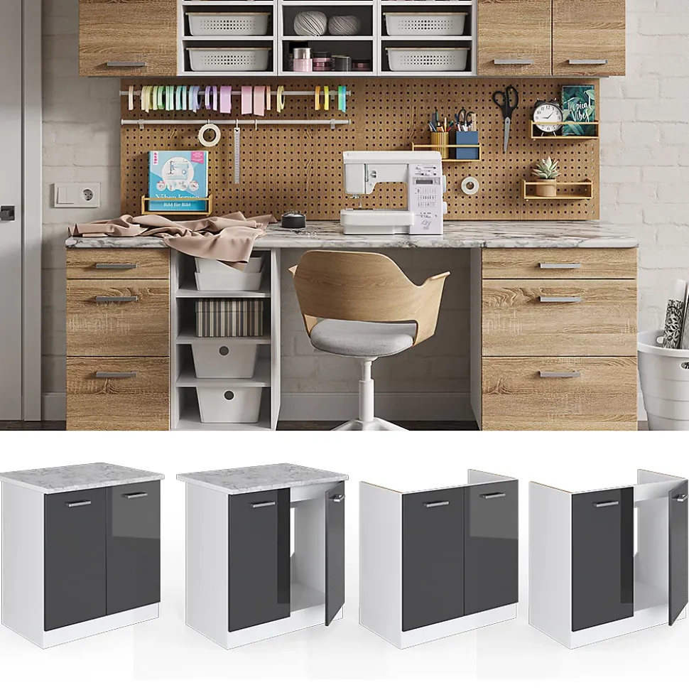 Vicco Meuble bas pour lévier Anthracite Haute brillance 80cm avec portes, sans PT
