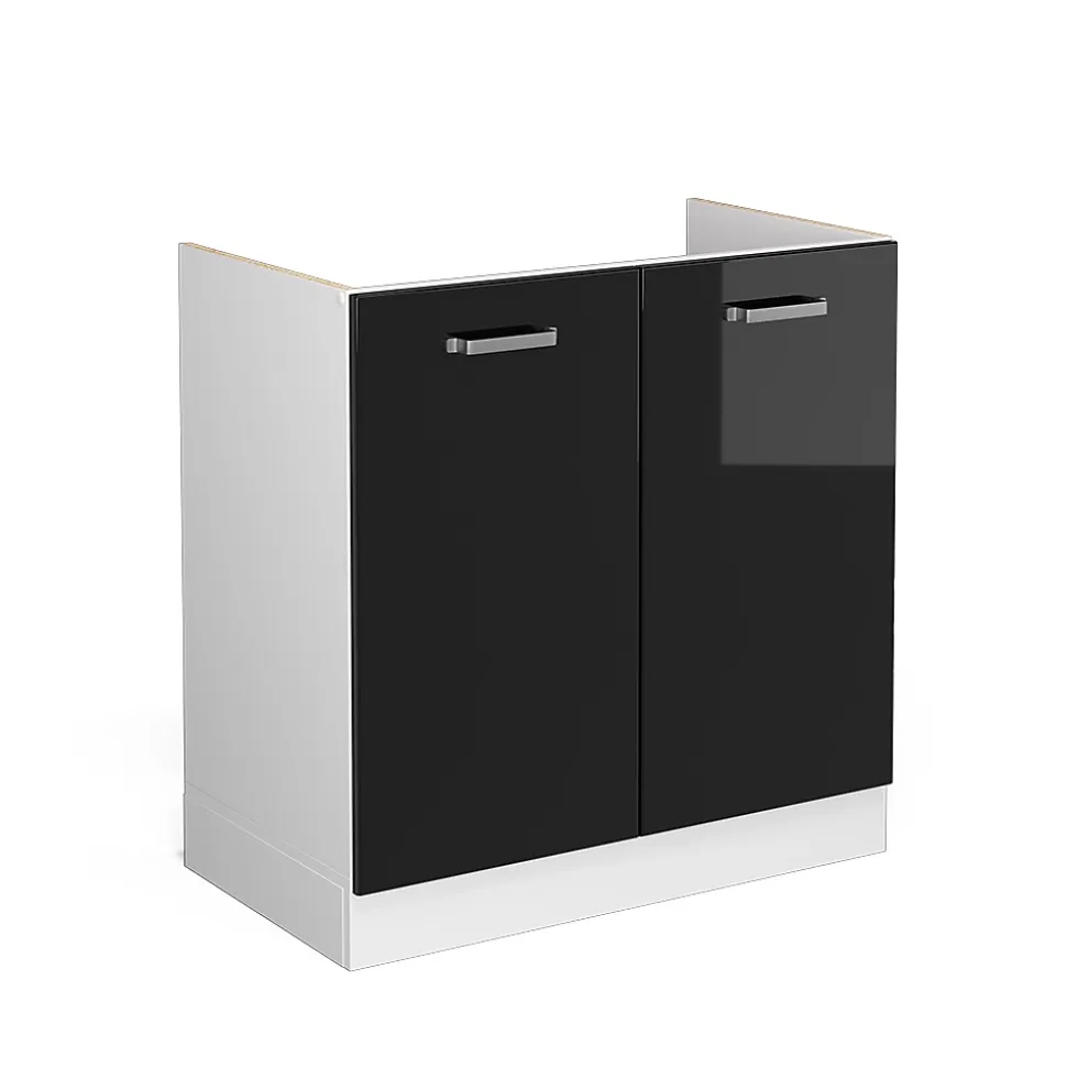 Vicco Meuble bas pour lévier Noir Haute brillance 80cm avec portes, sans PT