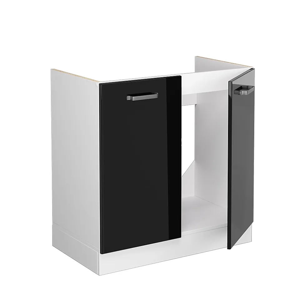 Vicco Meuble bas pour lévier Noir Haute brillance 80cm avec portes, sans PT