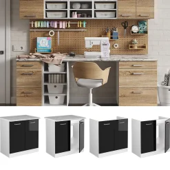 Vicco Meuble bas pour lévier Noir Haute brillance 80cm avec portes, sans PT