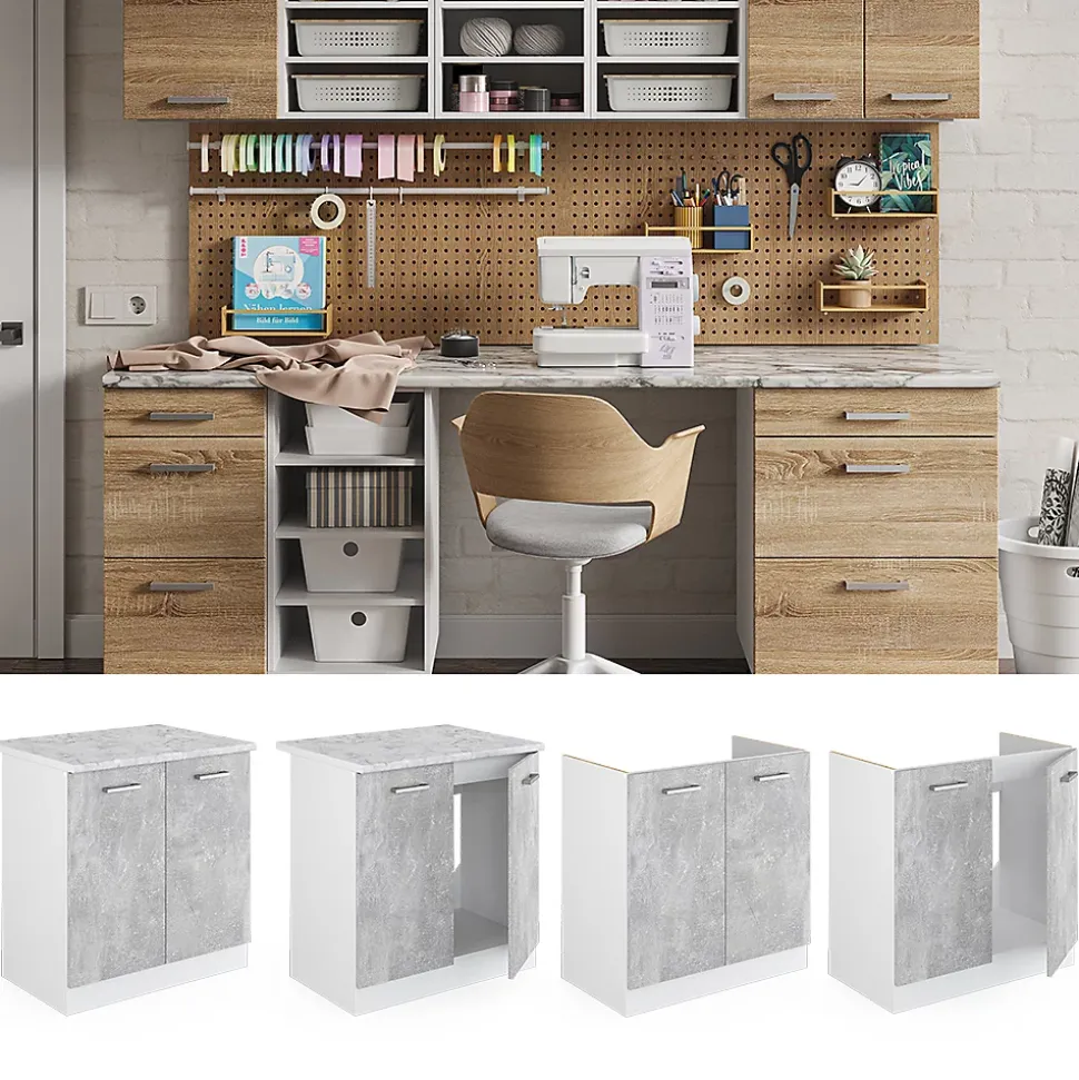Vicco Meuble bas pour lévier Béton 80cm avec portes, sans PT