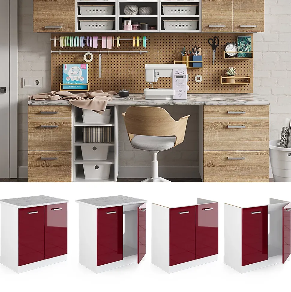 Vicco Meuble bas pour lévier Rouge bordeaux Haute brillance 80cm avec portes, avec PT