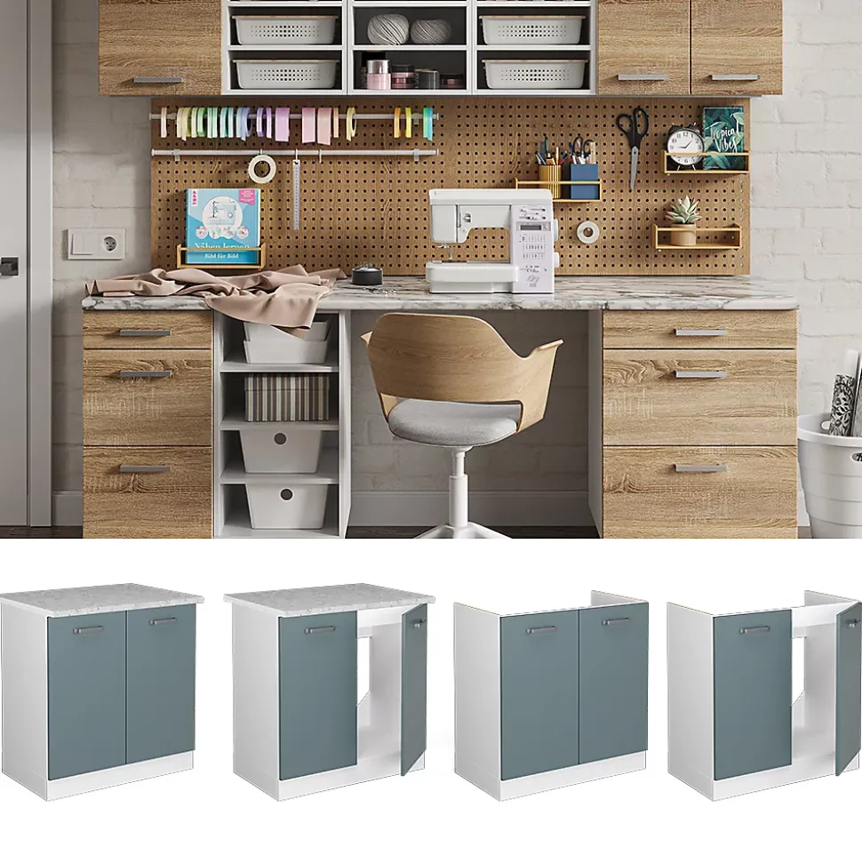 Vicco Meuble bas pour lévier Bleu-gris 80cm avec portes, avec PT
