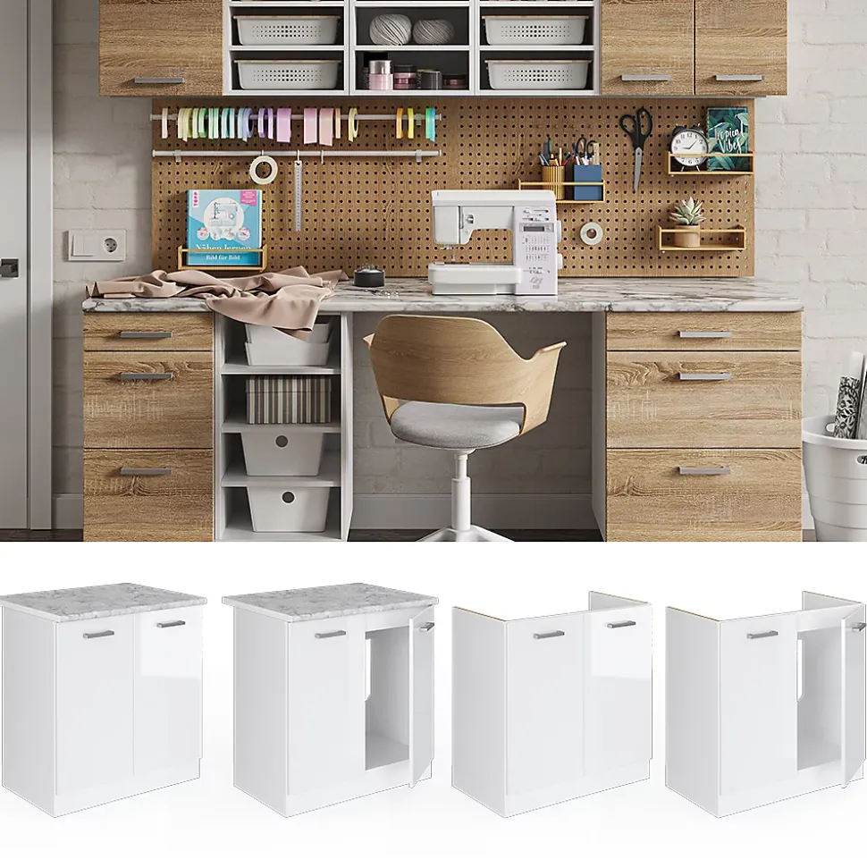Vicco Meuble bas pour lévier Blanc Haute brillance 80cm avec portes, avec PT