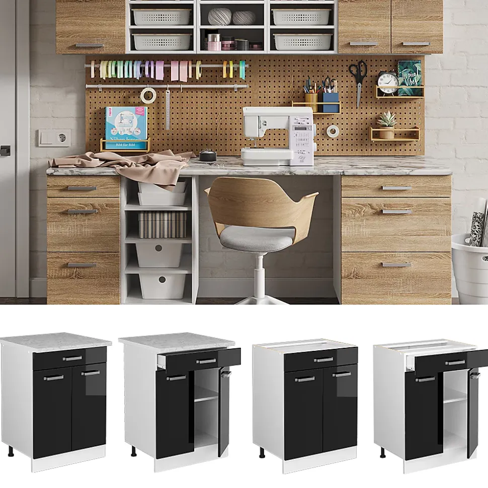 Vicco Meuble bas universel Noir Haute brillance 60cm avec tiroirs