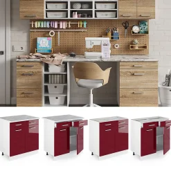 Vicco Meuble bas universel Rouge bordeaux Haute brillance 80cm avec tiroirs et portes, avec PT