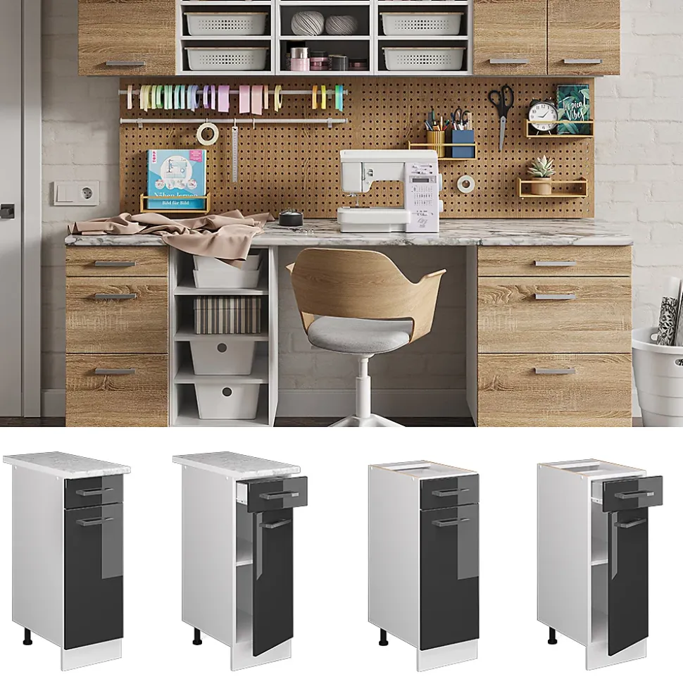 Vicco Meuble bas universel Anthracite Haute brillance 30cm avec tiroir, sans PT
