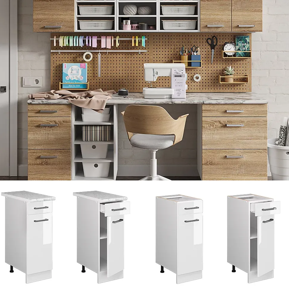 Vicco Meuble bas universel Blanc Haute brillance 30cm avec tiroir, avec PT