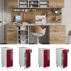 Vicco Meuble bas universel Rouge bordeaux Haute brillance 30cm avec tiroir, avec PT