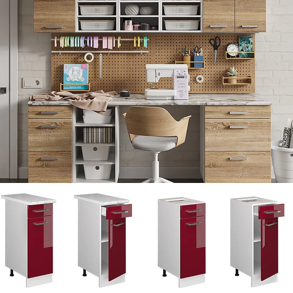 Vicco Meuble bas universel Rouge bordeaux Haute brillance 30cm avec tiroir, avec PT