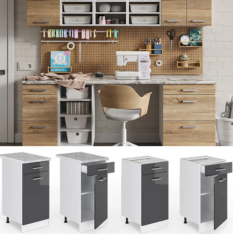 Vicco Meuble bas universel Anthracite Haute brillance 40cm avec tiroir, sans PT