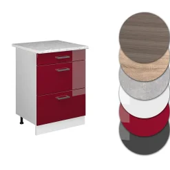 Vicco Meuble bas universel Rouge bordeaux Haute brillance 60cm avec tiroirs