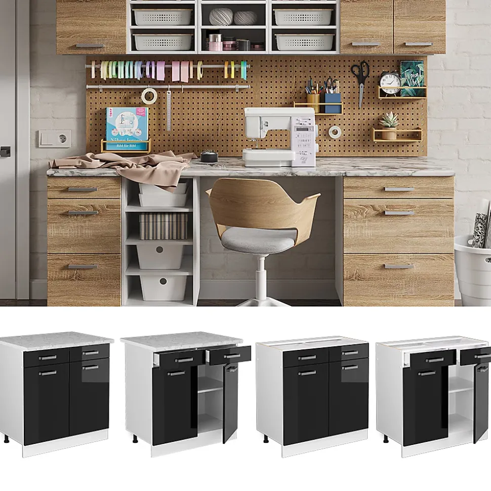 Vicco Meuble bas universel Noir Haute brillance 80cm avec tiroirs et portes, sans PT