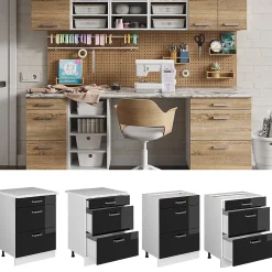 Vicco Meuble bas universel Noir Haute brillance 60cm avec tiroirs