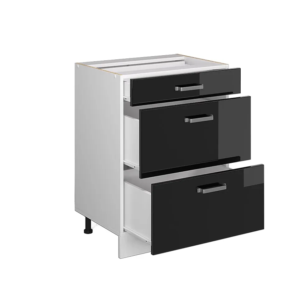 Vicco Meuble bas universel Noir Haute brillance 60cm avec tiroirs, sans PT