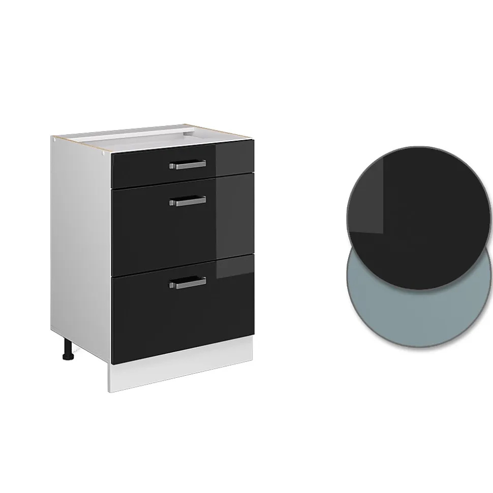 Vicco Meuble bas universel Noir Haute brillance 60cm avec tiroirs, sans PT