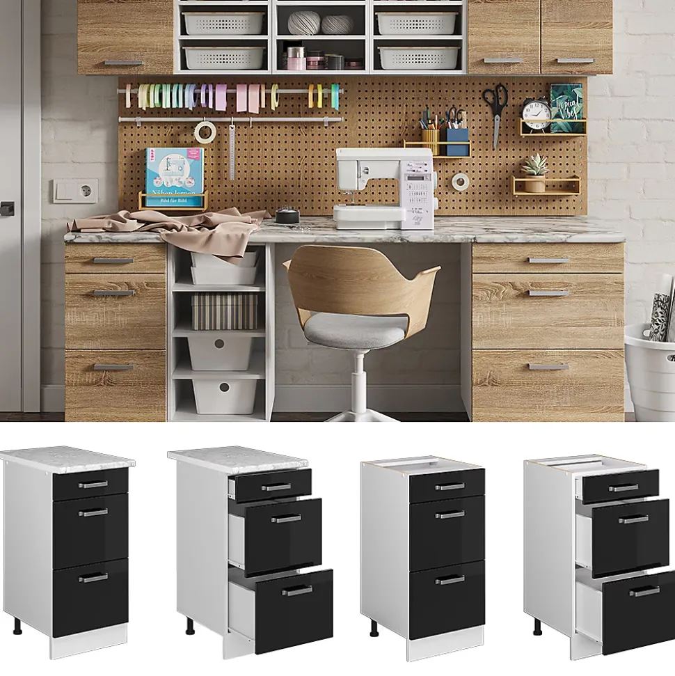 Vicco Meuble bas universel Noir Haute brillance 40cm avec tiroirs