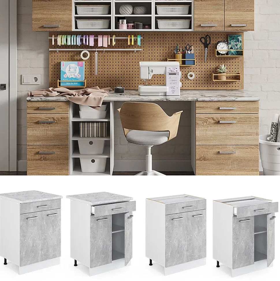 Vicco Meuble bas universel Béton 60cm avec tiroirs, sans PT