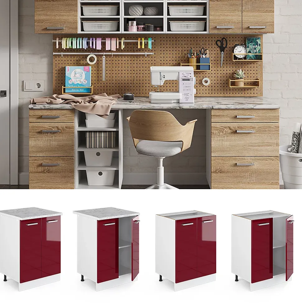 Vicco Meuble bas universel Rouge bordeaux Haute brillance 60cm avec portes, avec PT