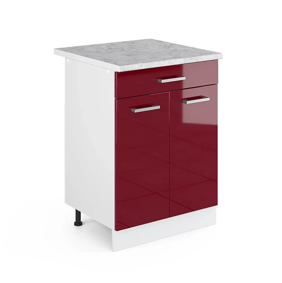 Vicco Meuble bas universel Rouge bordeaux Haute brillance 60cm avec tiroirs
