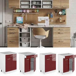 Vicco Meuble bas universel Rouge bordeaux Haute brillance 60cm avec tiroirs, sans PT